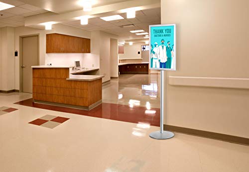 M&T Displays Sign Holder Stand, Silver 22x28 Inch Poster Frame Double Sided Slide-In Aluminum Easy Loading Floor Standing Pedestal Advertisement Post Commercial Menu Holder Round Heavyweight Base