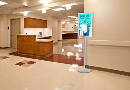 M&T Displays Sign Holder Stand, Silver 22x28 Inch Poster Frame Double Sided Slide-In Aluminum Easy Loading Floor Standing Pedestal Advertisement Post Commercial Menu Holder Round Heavyweight Base