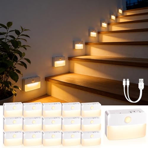 16 Pack Rechargeable Motion Sensor Stair Lights for Indoor, Wireless Battery Operated Night Light, Magnetic Led Stick On Portable Lamp for Step Hallway Closet Under Cabinet Bedroom Kitchen Bathroom - color: White - Rechargeable, size: 16 Pack