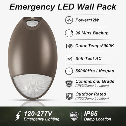 12W LED Emergency Wall Pack Light 1320LM with Battery Backup UL 924