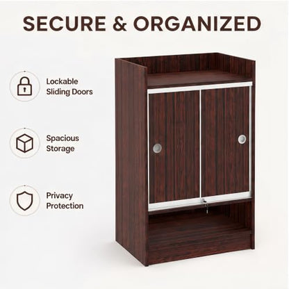 24x18x38 Inch Walnut Wooden Lockable Sliding Solid Door Cash Register Podium with Tempered Glass Shelves for Retail, Restaurant, Reception, Church - color: Walnut