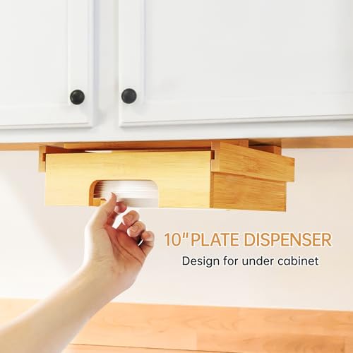 Paper Plate Dispenser - 10 inch Bamboo Paper Plate Dispenser Under Cabinet, Kitchen Counter Vertical Plate Holder Organizer Countertop Caddy (Bamboo) - color: Natural, size: 10 Inch