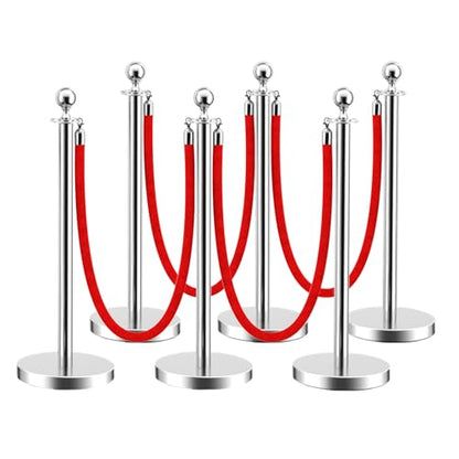 LOVMOR Stainless Steel Stanchion Post, Stanchions with Red Rope, Hollow Base and Velvet Ropes Safety Barriers Set, Carpet Runner for Party (6pack-Silver) - color: Silver-6pack