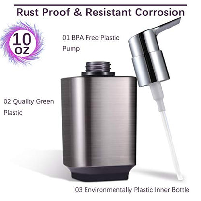 Boperzi 2 Pack Soap Dispenser Rust Proof Refillable Liquid Hand & Dish Soap Dispenser Set Leak Proof Plastic Chorme Pump for Kitchen Bathroom, 10oz