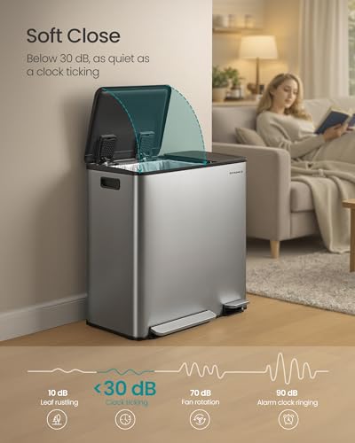 SONGMICS Trash Can, 13 + 6 Gallon Dual-Compartment, Soft-Close Lid - color: Silver, size: 13 + 6 Gallon