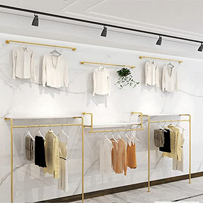 Modern Simple Industrial Pipe and Wood Garment Rack,Wall Mounted Hanging Rods Clothing Rack,Retail Display Storage Clothes Hanging Shelves (Gold, 59" L) - size: 59" L