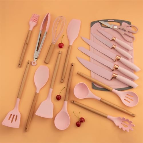 Kitchen Cooking Utensils and Knife Set with Holder Block, 19 Pieces Cooks Cutting Set 11 Pcs Silicone Cooking Utensils Sharp Stainless Steel Knives Scissors Whisk Tongs and Cutting Board (Pink) - color: Pink