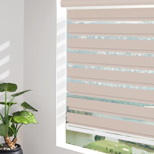 Changshade Custom Size Cordless Zebra Blinds for Indoor Window Light Control Dual Layer Roller Zebra Shades with Thermal Insulated for Office,Living Room,Easy Installation Beige Blackout Zebra Blind - color: Beige, size: Drill Installation-Custom Size