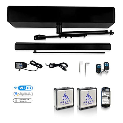 Olideauto Black Color Low Energy Handicap Auto Door Openers,Smart WiFi Door Opener+Wireless Stainless Steel Handicap Push Buttons with 2PCS Push Panels
