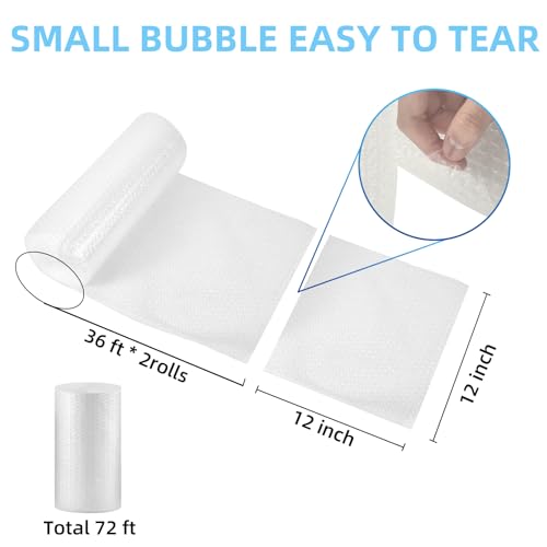 2 Pack-12inchx72ft Total 3/16" Air Bubble Cushioning Wrap Roll, Bubble Wrap for Protection Packaging Mailers, Nylon Wrap Rolls Moving Cushioning Supplies for Moving/Insulation, Perforated Every 12”