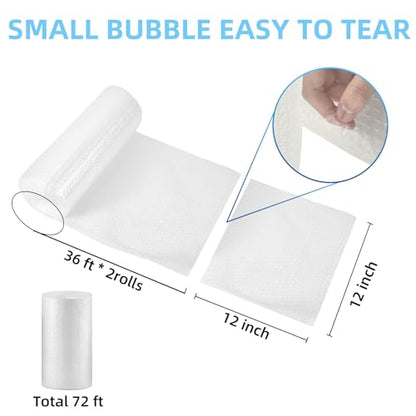 2 Pack-12inchx72ft Total 3/16" Air Bubble Cushioning Wrap Roll, Bubble Wrap for Protection Packaging Mailers, Nylon Wrap Rolls Moving Cushioning Supplies for Moving/Insulation, Perforated Every 12”