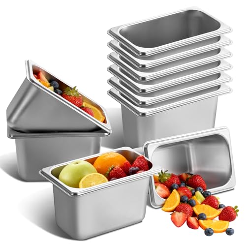 GOLDEN KEY 10 Pcs Stainless Steel Hotel Pan,1/9 Size 4 Inch Deep Stainless Steel Steam Table Pan,Commercial Food Pans for Hotel, Restaurant, Buffet, 0.8 mm Thick, 6.9 L x 4.3 W - color: 1/9, size: 4" Deep
