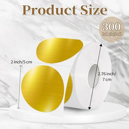 2 Inch Holographic Thermal Labels,Gold Round Thermal Printer Labels,Printable Round Thermal Printer Labels Self-Adhesive Direct Thermal Label(300 Labels/Roll Gold) - color: Brushed Gold, size: 2 inch