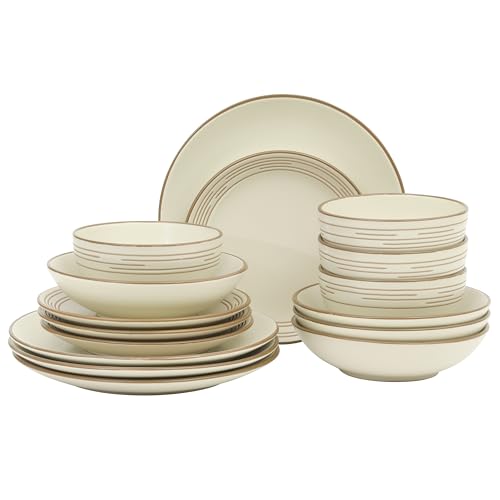Gibson Home Chiswick House 16-Piece Stoneware Dinnerware Set, Round Plates and Bowls Set for 4, White with Wax Relief Embossed Rim Detail, Dishwasher Safe – Dinner Plate, Salad Plate & Cereal Bowl - color: White w/ Wax Relief Embossed Rim (Chiswick House)