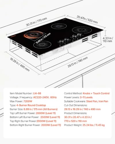 VEVOR Induction Cooktop 30inch 4 Burners Built-in Electric Stove 220V 7200W, Low-Power Continuous Heating, Induction Burner for Kitchen, with 11 Power Levels, Knob Control, and Child Lock - size: 30In -knob Control