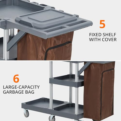 Commercial Janitorial Cleaning Cart on Wheels - Black Housekeeping Caddy with Cover, Shelves and Vinyl Bag