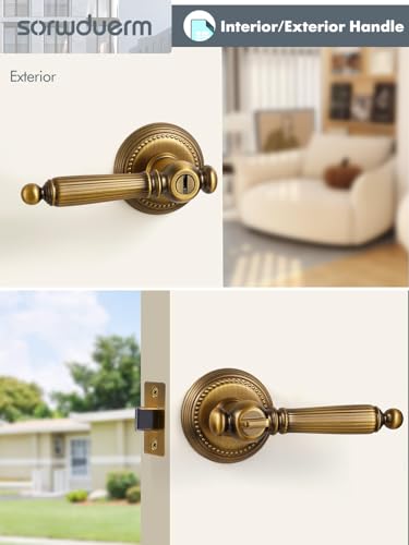 1 Pack Antique Door Lever with Lock and Key Entry Antique Brass Door Handle Door Lever Bedroom and Bathroom Zinc Alloy - color: Antique Brass