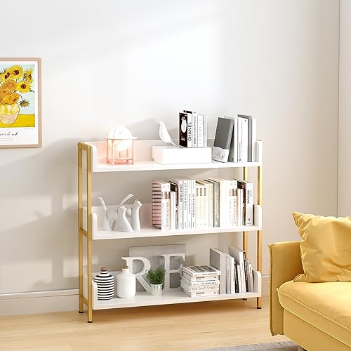 OSCHF Wide Open Shelf Bookcase, 3-Tier, White with Gold Frame - color: Gold + White, size: 3-Tier
