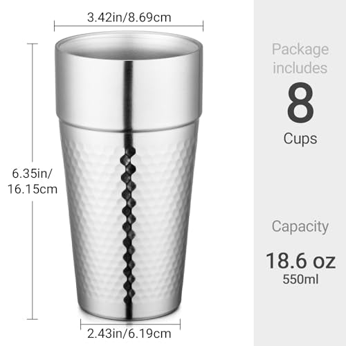 Beasea Stainless Steel Cups 19 oz, 8 Pack Large 18.6oz 550ml Stainless Steel Tumbler Stackable Double Wall Insulated Metal Drinking Glasses for Home Restaurant Office Party Camping - color: General with Honeycomb, style: 18.6oz 8pcs