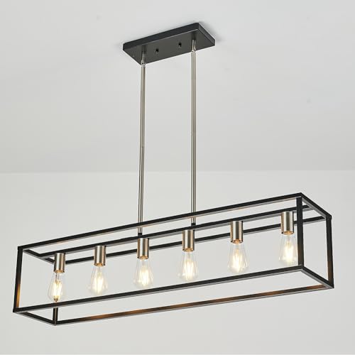 Rectangle Chandeliers Kitchen Light Fixtures Farmhouse Dining Room Light for Dining Rooms,Black&Brushed Brass Light Fixture Matte 6-Light Industrial Pendant Lighting - color: Black & Brushed Nickel, size: 6 Lights