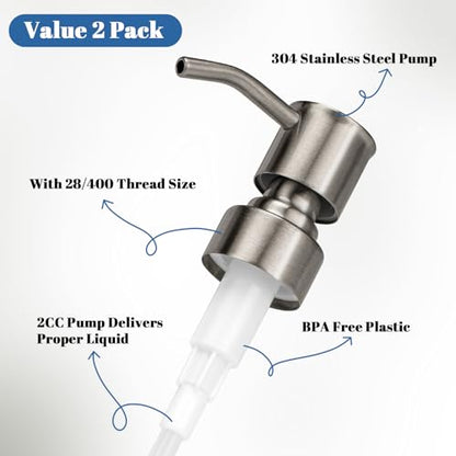 2 Pack 304 Stainless Steel Soap Dispenser Pump Replacement Standard 28/400 Thread Fit Regular Mouth Bottles for Lotion Dish Soap Kitchen Bathroom(Brushed Nickel) - color: Brushed Nickel