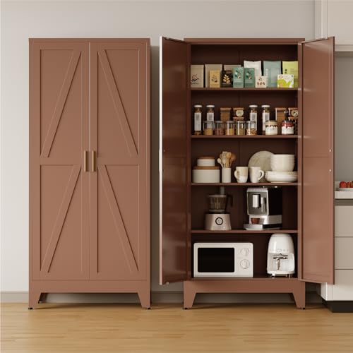 COFaR 71'' Tall Metal Storage Cabinet, Farmhouse Kitchen Pantry Cabinet with Doors and 4 Adjustable Shelves, Walnut Brown Metal Cabinets for Garage, Kitchen, Bathroom, Laundry, 5-Tier - color: Walnut Brown, size: 15.75''D × 31.5''W × 70.87''H-S01