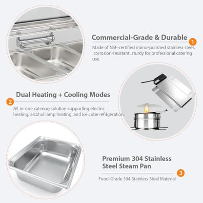 9QT, Electric Chafing Dish Set,Electric Chafing Dishes Warming Trays Buffet Warmer,Food Servers Warmers Sets Party Commercial Buffet Set for Parties,Full Size & Half-Size &Three-Section,400w