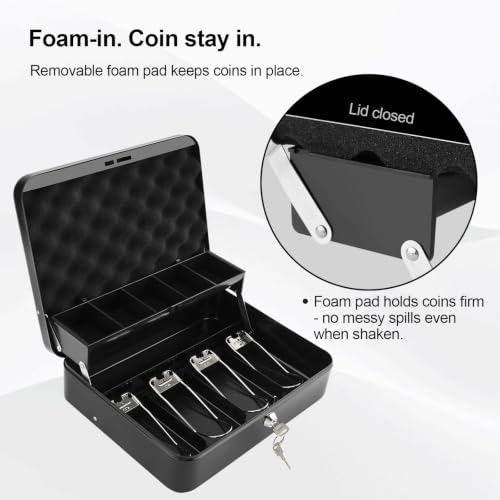 Jssmst Cash Box with Key Lock - 1mm Thick Metal Money Box for Garage Sales, Yard Sales and Petty Cash, Portable Cash Drawer with Coin Tray & Spill-Proof Foam Coin Cover, 4 No-Pinch Bill Clips,11.8'' - color: Black Key