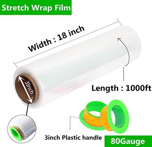 4-Pack Clear Stretch Wrap 18" x 1000 Feet 80 Gauge Industrial Strength with Plastic Handle, Plastic Pallet Supplies Durable Self-Adhering for Packing, Moving, Heavy Duty Shrink Film Rolls - size: Clear-4-Pack