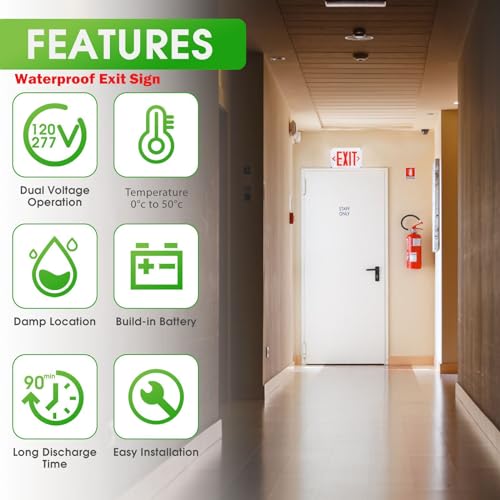 Waterproof LED Exit Sign Red Letter with Backup Battery Suitable for Wet Location Single Double Faces, 120/277V,Commercial Grade,Fire Resistant UL Certified MSU