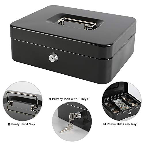 xydled Large Cash Box with Lock, Metal Money Box, Steel Money Box, Black - color: Black, size: Large