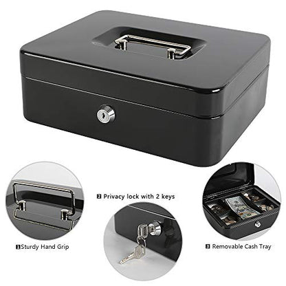 xydled Large Cash Box with Lock, Metal Money Box, Steel Money Box, Black - color: Black, size: Large