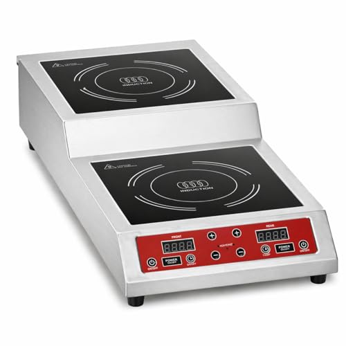 Double Countertop Step-Up Induction Range, Red Stainless Steel, 3600W, 13.3x29.9x6.3 Inches, Digital Control with Timer, 9 Power Levels, Commercial Electric Cooktop