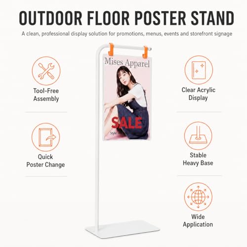 Floor Standing Poster Stand with Acrylic Sign Holder for Retail Displays - color: White