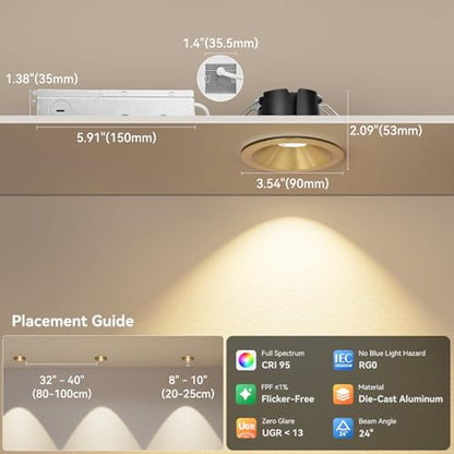 CycevSun Gold 3 Inch LED Recessed Lights, Anti-Glare COB Spotlight, 6 Pack - color: Gold, size: 3 Inch