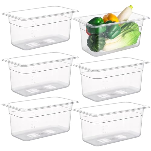 6 PCS Clear Food Pans, 1/3 Size 6 Inch Deep, 5 Qt Commercial Plastic Food Containers, Transparent Freezer-Safe Storage Pans with Frosted Non-Slip Bottom for Kitchen Prep Restaurant Buffet Party