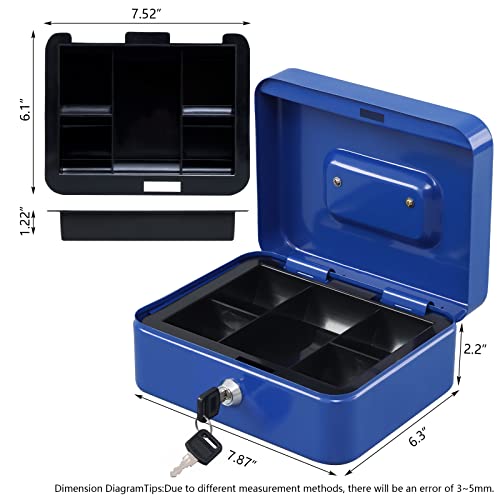 KYODOLED Cash Box with Money Tray,Storage Safe Lock Box with Key,Cash Drawer,7.87"x 6.30"x 3.54" Blue Medium - color: Blue, size: Medium