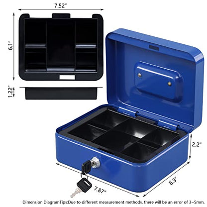 KYODOLED Cash Box with Money Tray,Storage Safe Lock Box with Key,Cash Drawer,7.87"x 6.30"x 3.54" Blue Medium - color: Blue, size: Medium