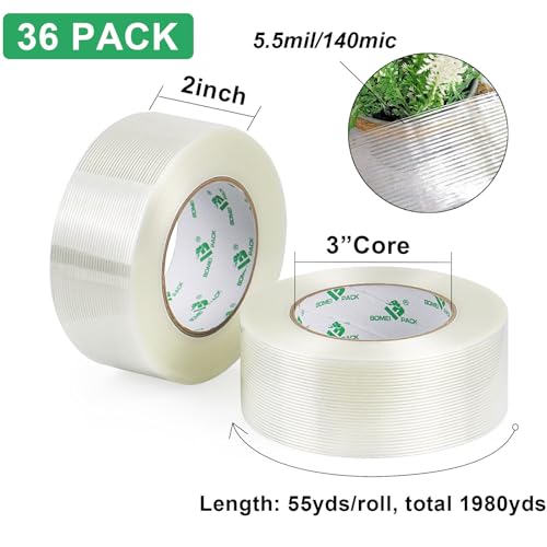 BOMEI PACK 36PACK Reinforced Packing Tape, 5.5Mil 2Inx 55Yds, Heavy Duty Filament Strapping Tape 2inch for Packing Shipping, Moving and Storage, Total 1980yds - size: 36Rolls (2inch x 55yds)