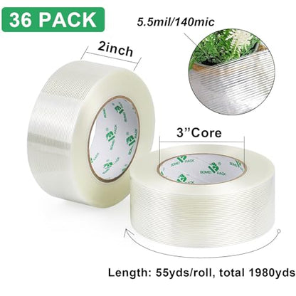 BOMEI PACK 36PACK Reinforced Packing Tape, 5.5Mil 2Inx 55Yds, Heavy Duty Filament Strapping Tape 2inch for Packing Shipping, Moving and Storage, Total 1980yds - size: 36Rolls (2inch x 55yds)
