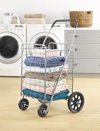Whitmor Deluxe Utility Foldable Shopping Cart with Wheels, 100 Lb Capacity, Heavy Duty Grocery Cart with Steel Frame, Foam Handle, Rolling Folding Utility Trolley for Grocery, Laundry, Travel, Gray - size: 15.75"L x 17.75"W x 40.5"H, Light Gray