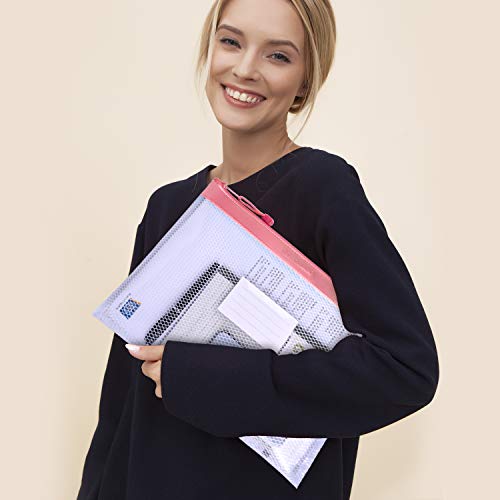 Wisdompro Zipper Pouch, 4 Pack Waterproof Mesh File Bag, Document Organizer - color: Pink