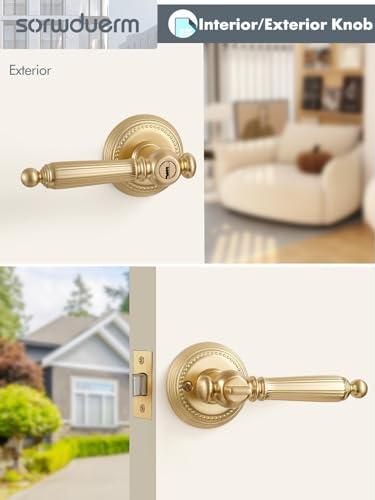 1 Pack Gold Door Lever with Lock and Key Entry Satin Brass Door Handle Door Lever Brushed Gold Bedroom and Bathroom Zinc Alloy - color: Satin Brass