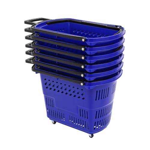 6PCS Shopping Basket 35L Portable Plastic Rolling Shopping Cart with Wheels - color: Blue