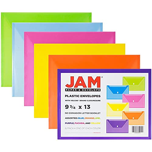 JAM PAPER Plastic Envelopes with Hook & Loop Closure - Letter Booklet - 9 3/4 x 13 - Assorted Colors - 6/Pack - color: Assorted, size: Letter - Pack of 6