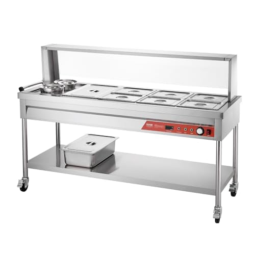 VEVOR Commercial Electric Food Warmer, 7 Pans + 2 Pots Steam Table, 1800W Professional Buffet Catering Food Warmer with Shield Undershelf Wheels, Stainless Steel Server for Party Restaurant