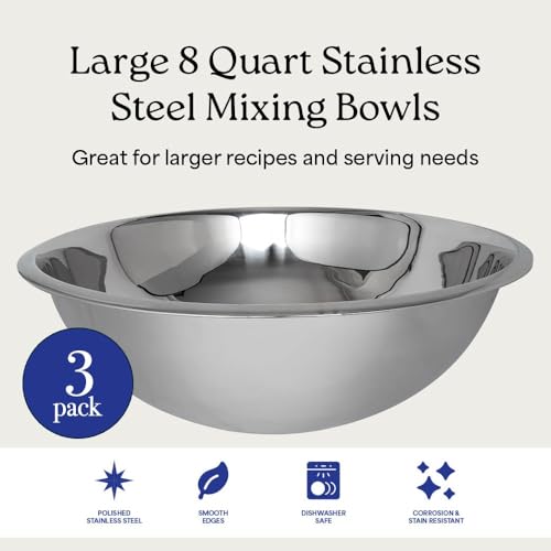 8 Quart Large Stainless Steel Mixing Bowls Set, 3-Pack, Nesting Bowls