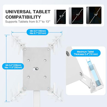 AboveTEK Security iPad Kiosk Floor Stand, Anti-Theft POS Tablet Stands for Retail Business, Height Adjustable Tablet Floor Stand, 360° Swivel Universal Locking Holder Fits 9.7"-13" iPads/iPad Pro/Air - color: White