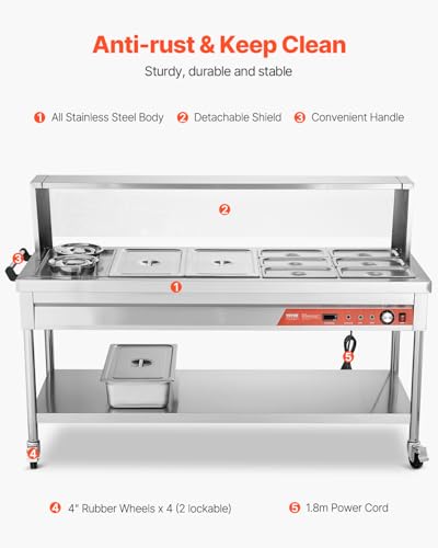 VEVOR Commercial Food Warmer, 8 Pans + 2 Pots Electric Steam Table, 1800W Professional Buffet Catering Food Warmer with Shield Undershelf Wheels, Stainless Steel Server for Party Restaurant - size: 8 Pans + 2 Pots