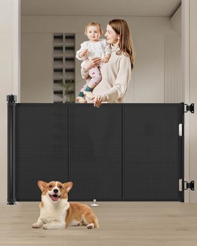Miumoon 71 inch Reinforced Retractable Baby Gates 34 inch Tall - color: Black, size: 34" Tall x 71" Wide